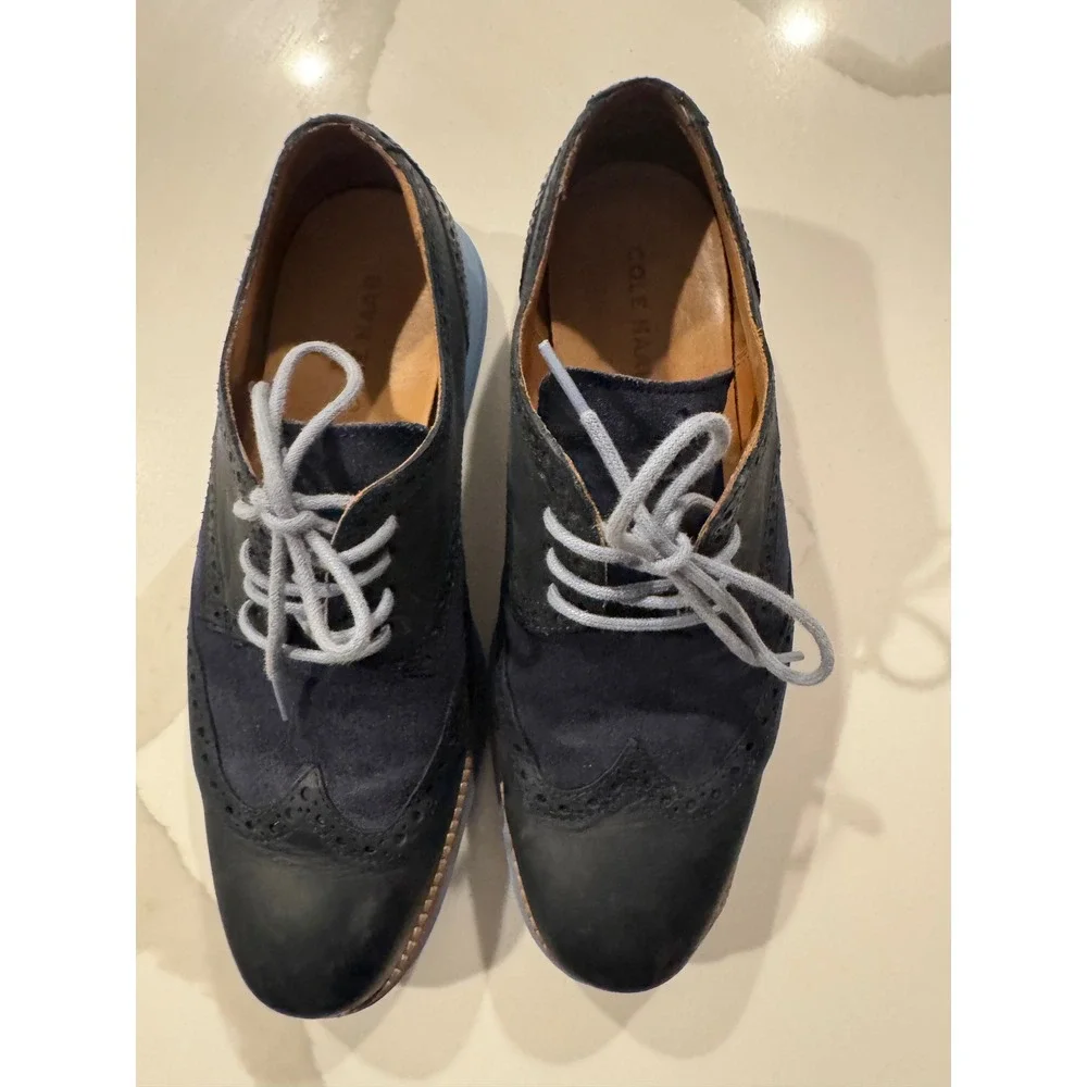 Cole Haan Lunargrand Navy Blue Leather‎ Suede Wingtip Oxford Shoes Mens 8M